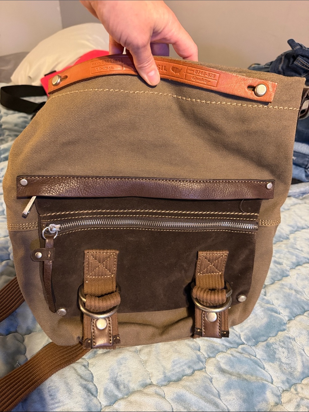 Fossil Tan and Dark Brown Canvas Messenger Bag with Key Charm